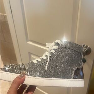 Christian Louboutin Silver Glitter Spiked Sneakers